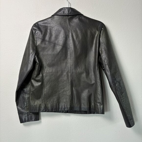 J Crew Leather Jacket Womens S Black Green Iridescent Button Front Pockets - Picture 4 of 11